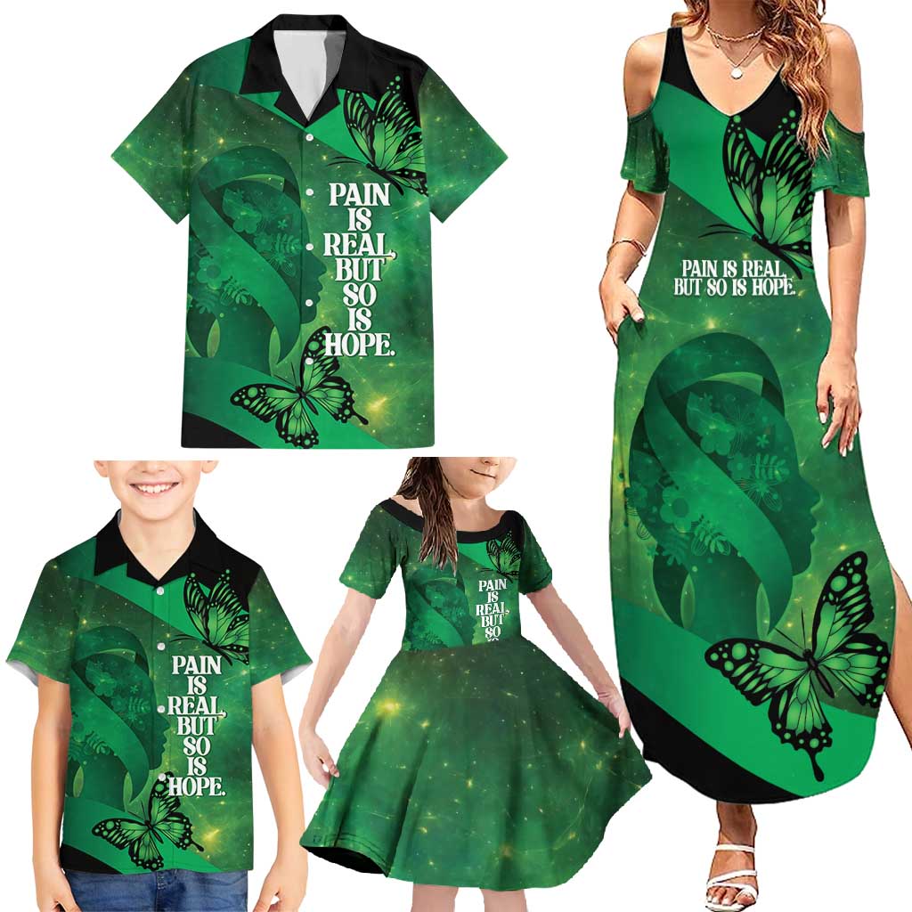 Personalised World Mental Health Awareness Month Family Matching Summer Maxi Dress and Hawaiian Shirt Warriors Brave Strong Galaxy Vibes