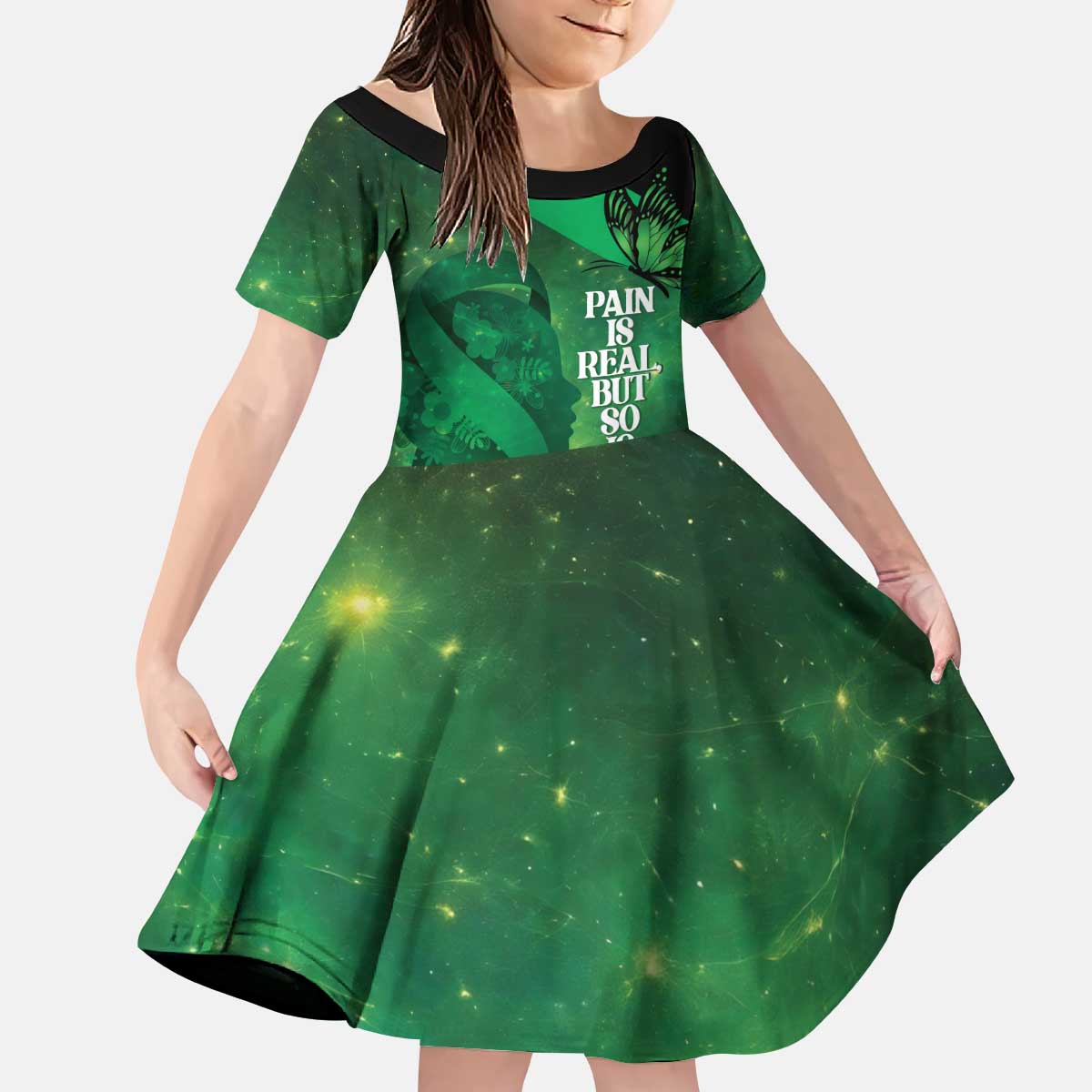 Personalised World Mental Health Awareness Month Kid Short Sleeve Dress Warriors Brave Strong Galaxy Vibes LT14 KID Green - Polynesian Pride