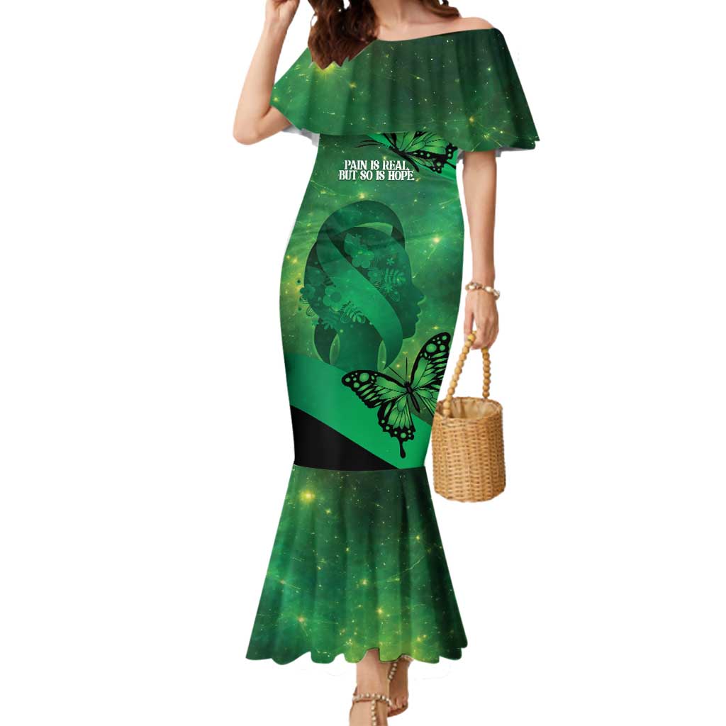 Personalised World Mental Health Awareness Month Mermaid Dress Warriors Brave Strong Galaxy Vibes LT14 Women Green - Polynesian Pride