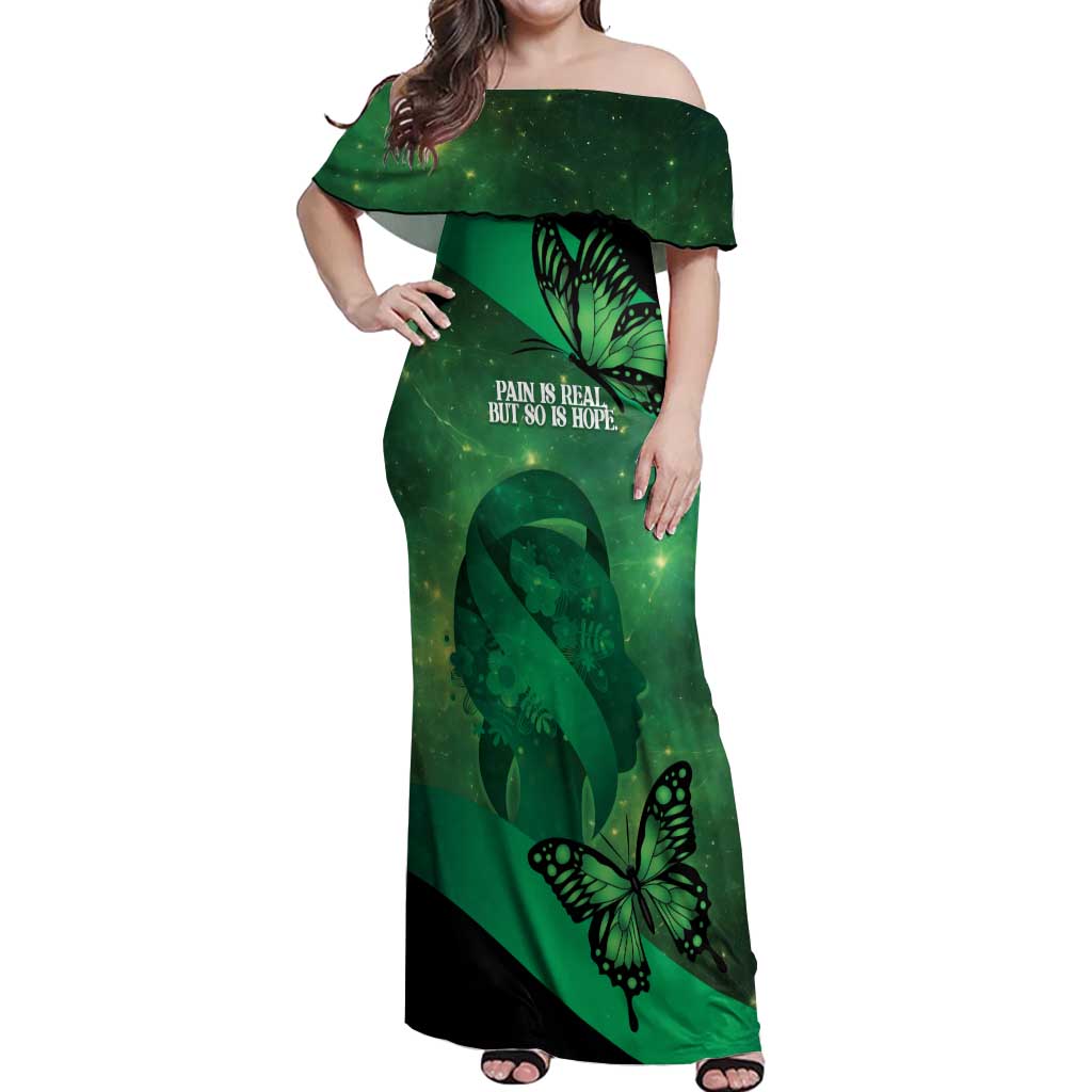 Personalised World Mental Health Awareness Month Off Shoulder Maxi Dress Warriors Brave Strong Galaxy Vibes LT14 Women Green - Polynesian Pride