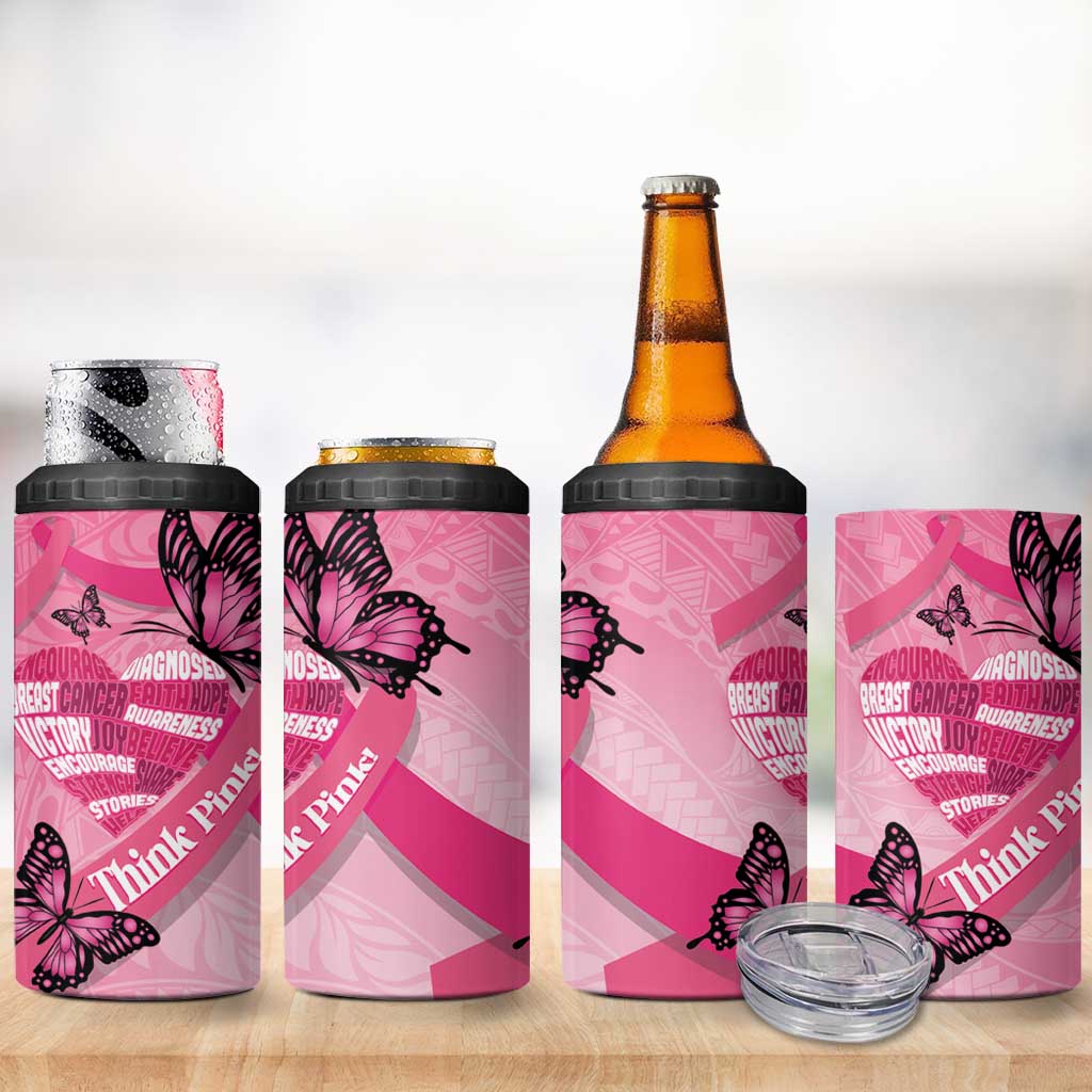 Polynesia Breast Cancer Awareness Month 4 in 1 Can Cooler Tumbler Pink Ribbon Mix Butterflies LT14 - Polynesian Pride
