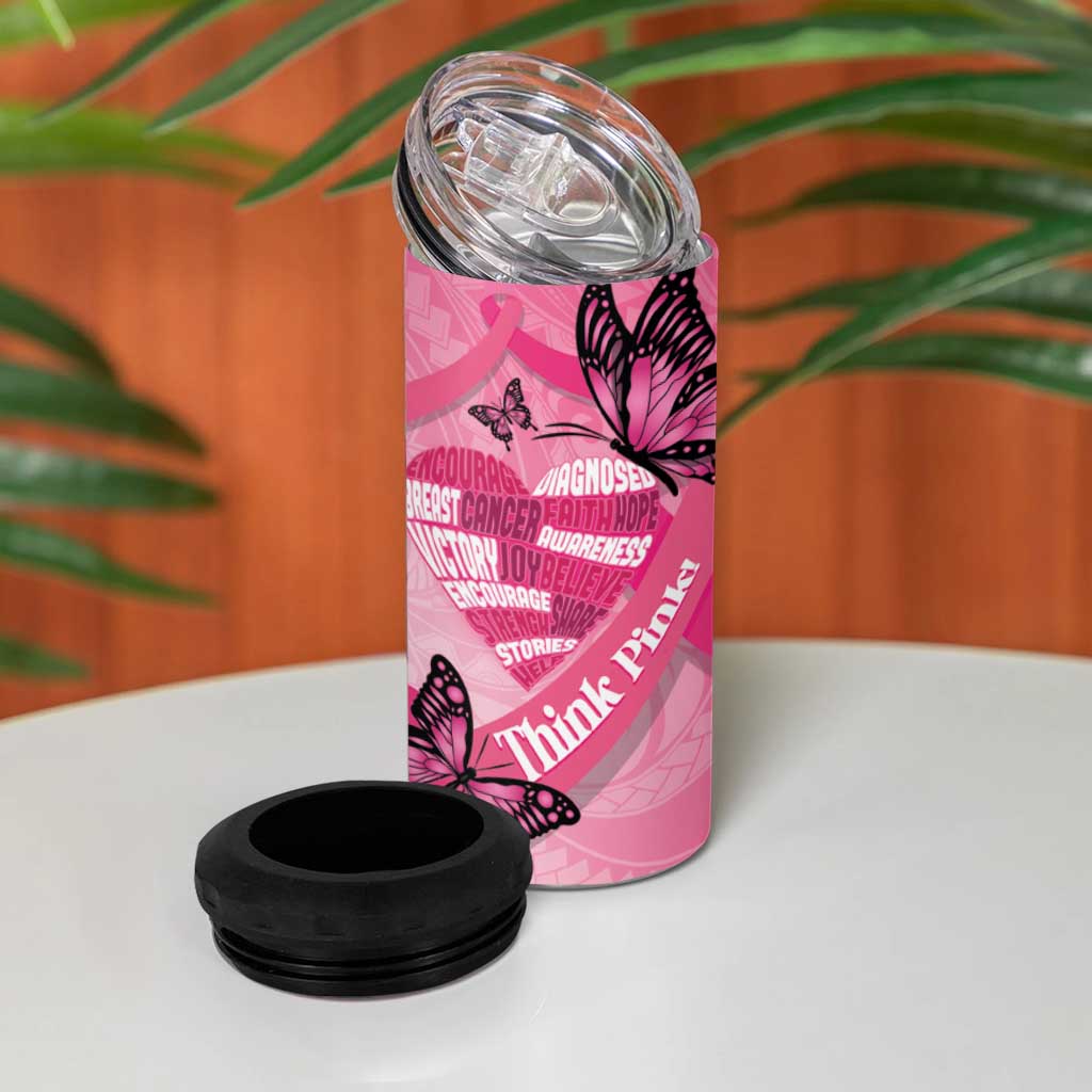 Polynesia Breast Cancer Awareness Month 4 in 1 Can Cooler Tumbler Pink Ribbon Mix Butterflies LT14 - Polynesian Pride