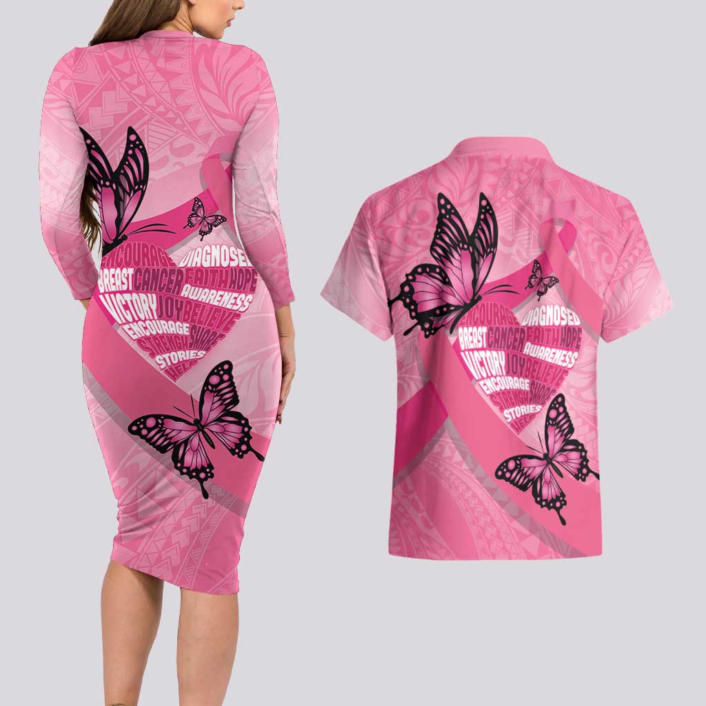 Polynesia Breast Cancer Awareness Month Couples Matching Long Sleeve Bodycon Dress and Hawaiian Shirt Pink Ribbon Mix Butterflies LT14 - Polynesian Pride