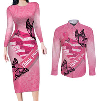 Polynesia Breast Cancer Awareness Month Couples Matching Long Sleeve Bodycon Dress and Long Sleeve Button Shirt Pink Ribbon Mix Butterflies LT14 Pink - Polynesian Pride