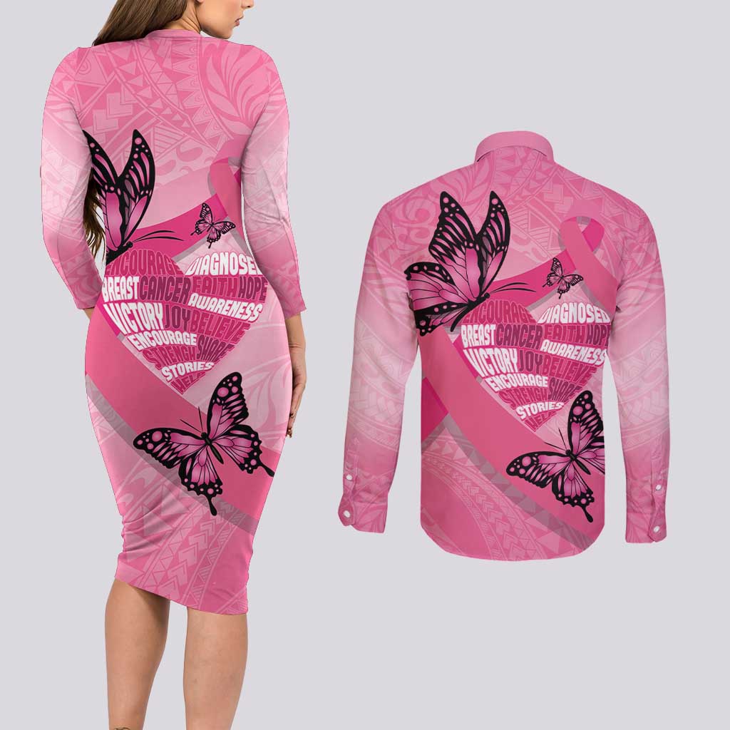 Polynesia Breast Cancer Awareness Month Couples Matching Long Sleeve Bodycon Dress and Long Sleeve Button Shirt Pink Ribbon Mix Butterflies LT14 - Polynesian Pride
