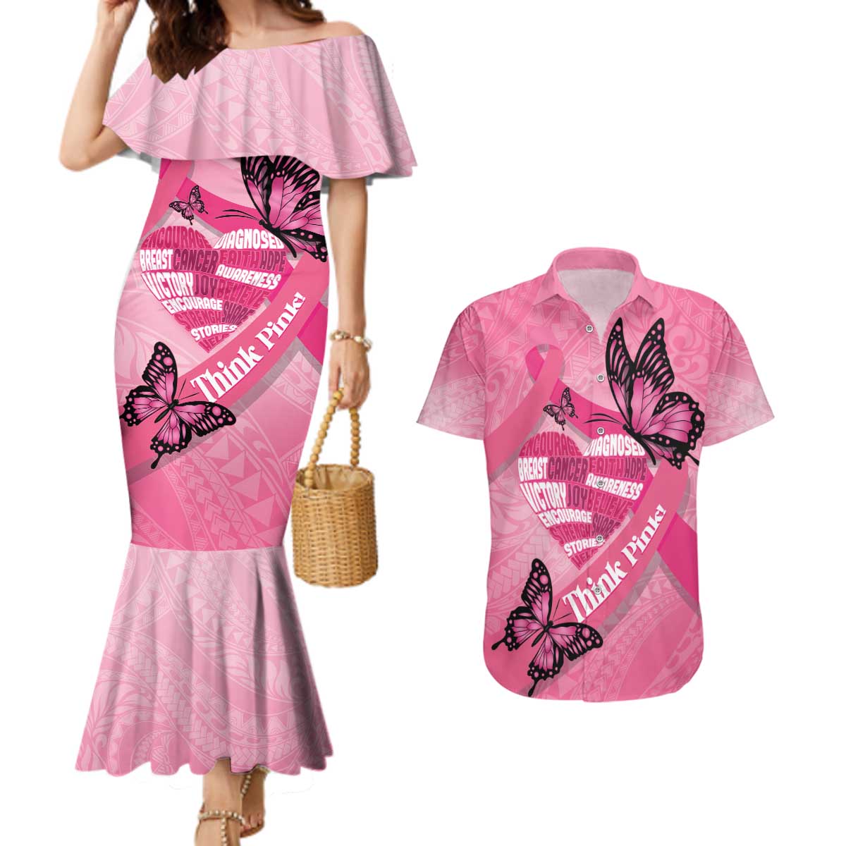 Polynesia Breast Cancer Awareness Month Couples Matching Mermaid Dress and Hawaiian Shirt Pink Ribbon Mix Butterflies LT14 Pink - Polynesian Pride