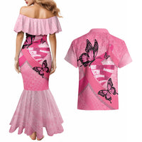 Polynesia Breast Cancer Awareness Month Couples Matching Mermaid Dress and Hawaiian Shirt Pink Ribbon Mix Butterflies LT14 - Polynesian Pride