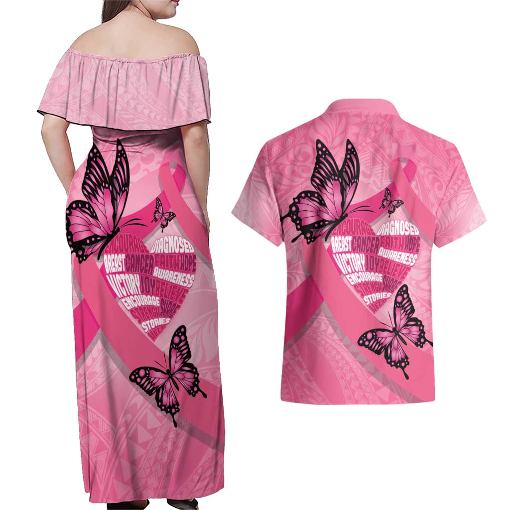 Polynesia Breast Cancer Awareness Month Couples Matching Off Shoulder Maxi Dress and Hawaiian Shirt Pink Ribbon Mix Butterflies LT14 - Polynesian Pride