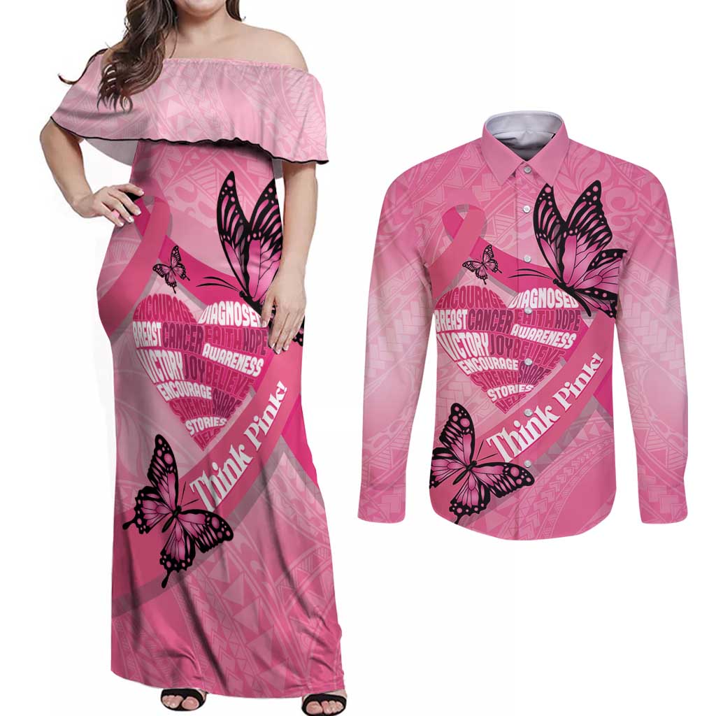 Polynesia Breast Cancer Awareness Month Couples Matching Off Shoulder Maxi Dress and Long Sleeve Button Shirt Pink Ribbon Mix Butterflies LT14 Pink - Polynesian Pride