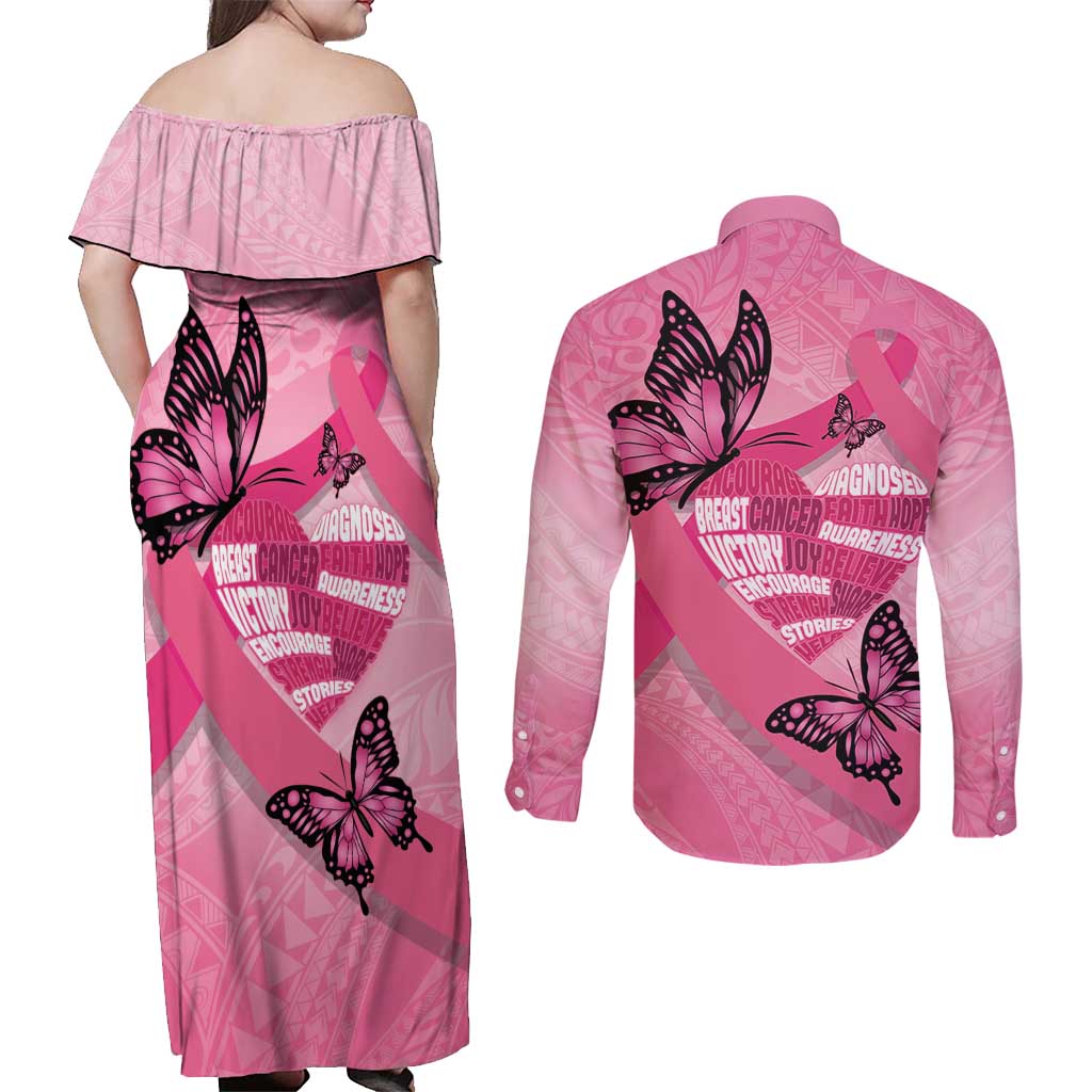 Polynesia Breast Cancer Awareness Month Couples Matching Off Shoulder Maxi Dress and Long Sleeve Button Shirt Pink Ribbon Mix Butterflies LT14 - Polynesian Pride