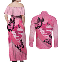 Polynesia Breast Cancer Awareness Month Couples Matching Off Shoulder Maxi Dress and Long Sleeve Button Shirt Pink Ribbon Mix Butterflies LT14 - Polynesian Pride