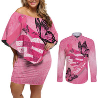 Polynesia Breast Cancer Awareness Month Couples Matching Off Shoulder Short Dress and Long Sleeve Button Shirt Pink Ribbon Mix Butterflies LT14 Pink - Polynesian Pride