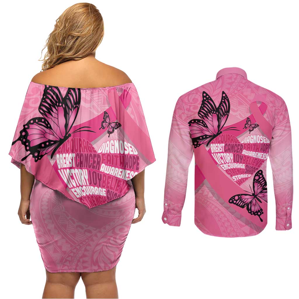 Polynesia Breast Cancer Awareness Month Couples Matching Off Shoulder Short Dress and Long Sleeve Button Shirt Pink Ribbon Mix Butterflies LT14 - Polynesian Pride