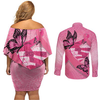 Polynesia Breast Cancer Awareness Month Couples Matching Off Shoulder Short Dress and Long Sleeve Button Shirt Pink Ribbon Mix Butterflies LT14 - Polynesian Pride