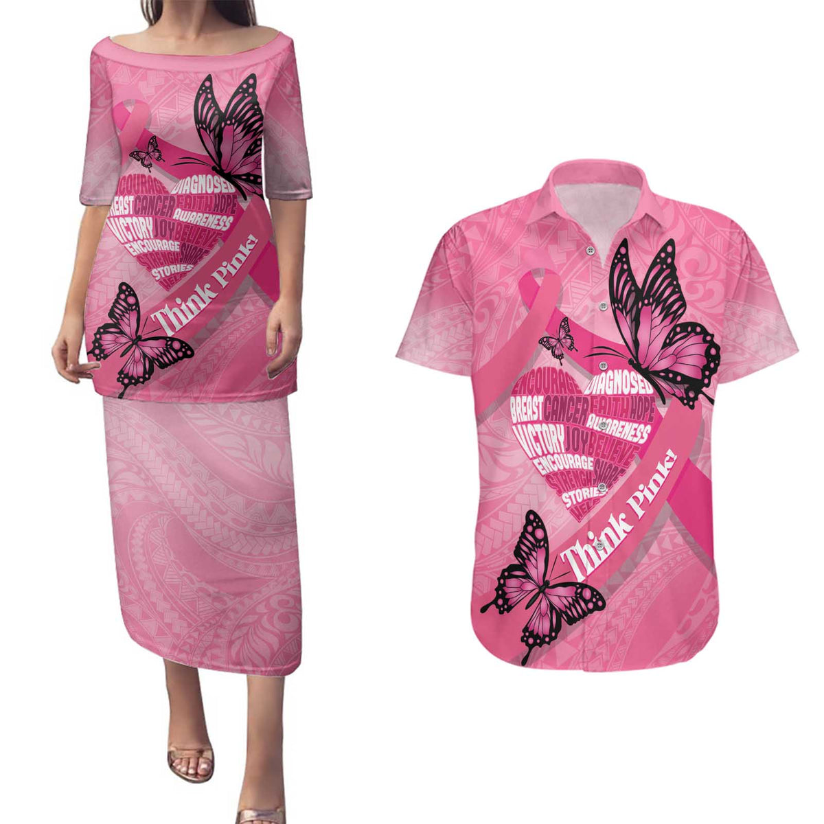 Polynesia Breast Cancer Awareness Month Couples Matching Puletasi and Hawaiian Shirt Pink Ribbon Mix Butterflies LT14 Pink - Polynesian Pride