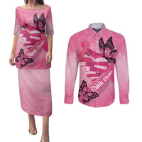 Polynesia Breast Cancer Awareness Month Couples Matching Puletasi and Long Sleeve Button Shirt Pink Ribbon Mix Butterflies LT14 Pink - Polynesian Pride