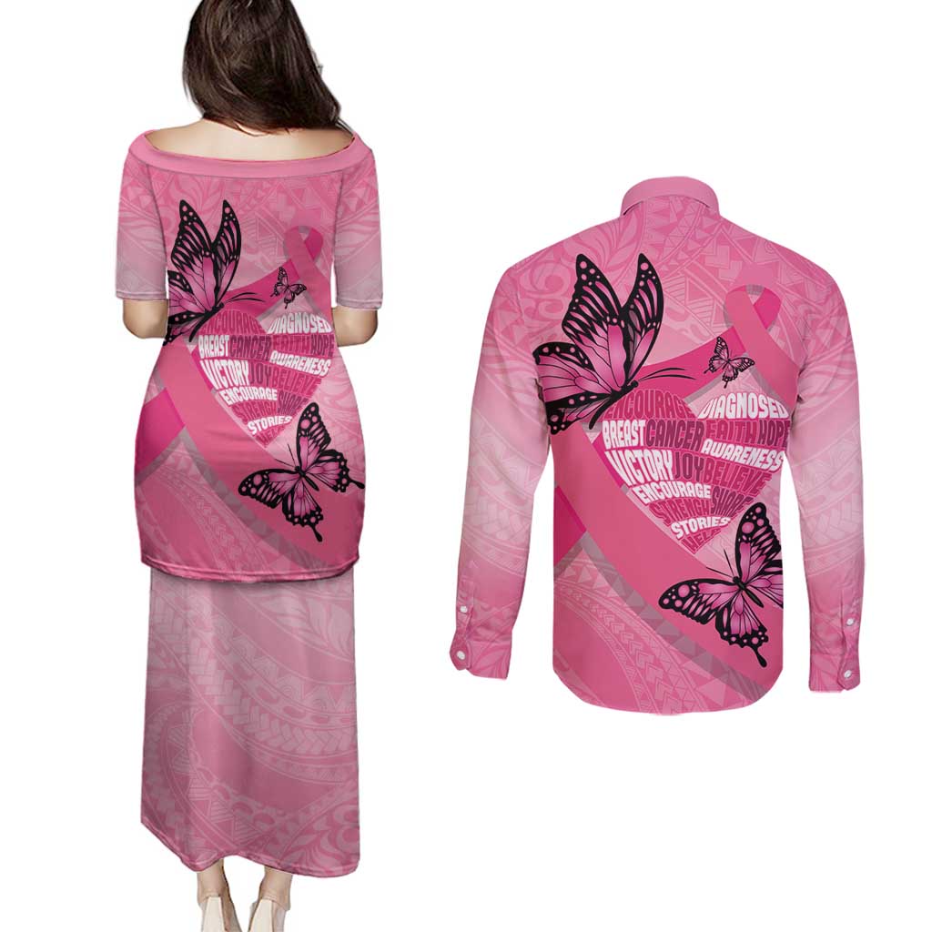 Polynesia Breast Cancer Awareness Month Couples Matching Puletasi and Long Sleeve Button Shirt Pink Ribbon Mix Butterflies LT14 - Polynesian Pride