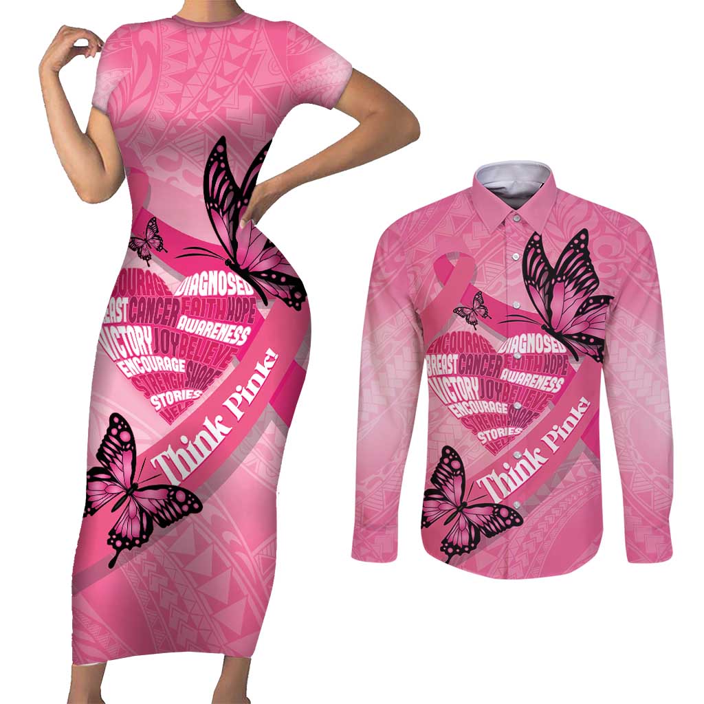 Polynesia Breast Cancer Awareness Month Couples Matching Short Sleeve Bodycon Dress and Long Sleeve Button Shirt Pink Ribbon Mix Butterflies LT14 Pink - Polynesian Pride