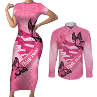 Polynesia Breast Cancer Awareness Month Couples Matching Short Sleeve Bodycon Dress and Long Sleeve Button Shirt Pink Ribbon Mix Butterflies LT14 Pink - Polynesian Pride