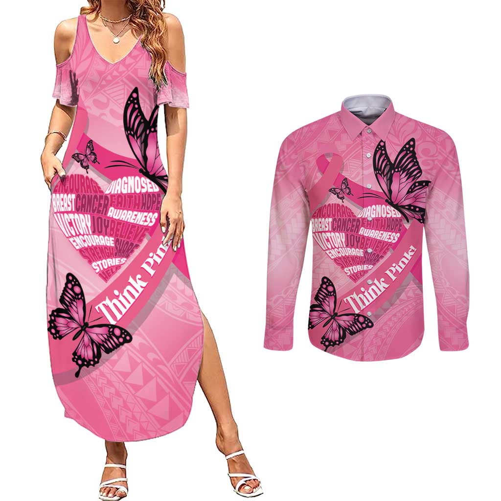 Polynesia Breast Cancer Awareness Month Couples Matching Summer Maxi Dress and Long Sleeve Button Shirt Pink Ribbon Mix Butterflies LT14 Pink - Polynesian Pride