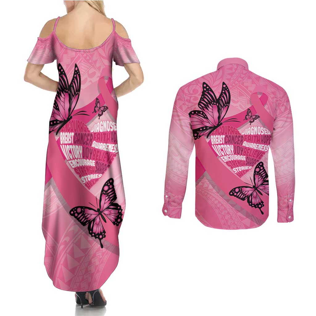Polynesia Breast Cancer Awareness Month Couples Matching Summer Maxi Dress and Long Sleeve Button Shirt Pink Ribbon Mix Butterflies LT14 - Polynesian Pride