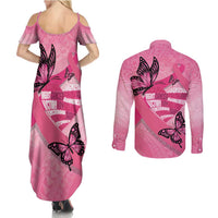 Polynesia Breast Cancer Awareness Month Couples Matching Summer Maxi Dress and Long Sleeve Button Shirt Pink Ribbon Mix Butterflies LT14 - Polynesian Pride