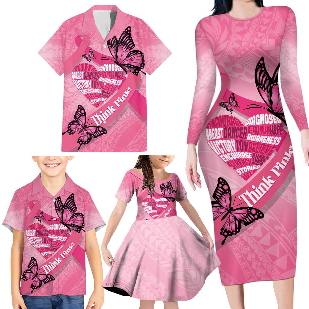 Polynesia Breast Cancer Awareness Month Family Matching Long Sleeve Bodycon Dress and Hawaiian Shirt Pink Ribbon Mix Butterflies LT14 - Polynesian Pride