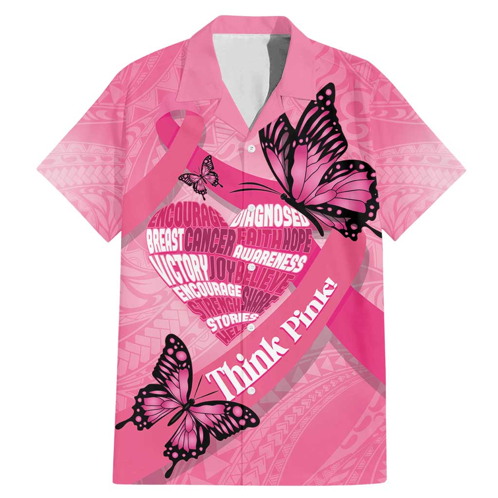 Polynesia Breast Cancer Awareness Month Family Matching Mermaid Dress and Hawaiian Shirt Pink Ribbon Mix Butterflies LT14 Dad's Shirt - Short Sleeve Pink - Polynesian Pride