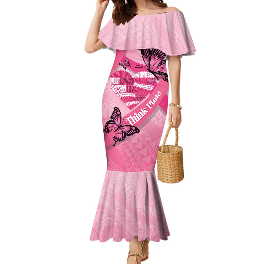 Polynesia Breast Cancer Awareness Month Family Matching Mermaid Dress and Hawaiian Shirt Pink Ribbon Mix Butterflies LT14 Mom's Dress Pink - Polynesian Pride