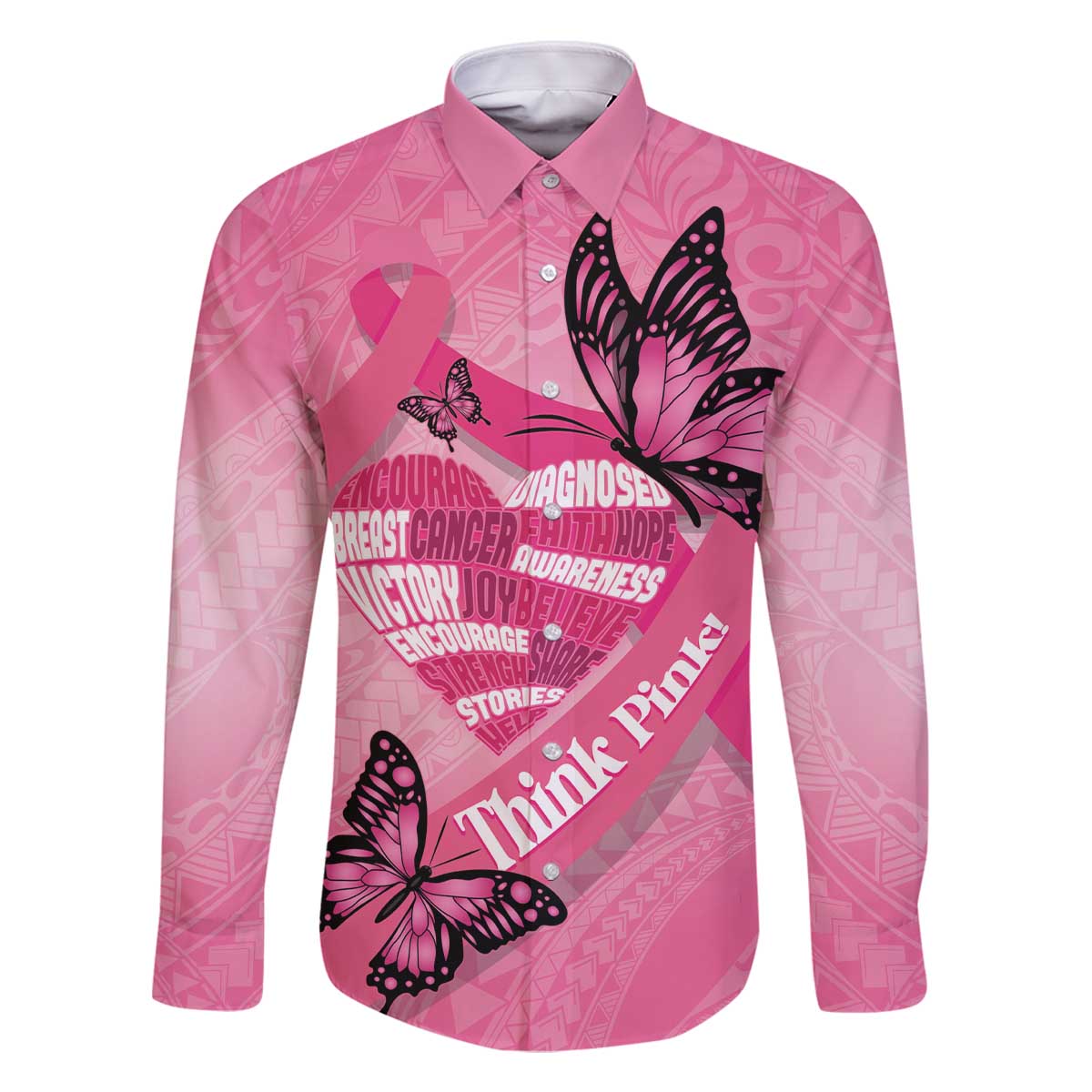 Polynesia Breast Cancer Awareness Month Family Matching Off The Shoulder Long Sleeve Dress and Hawaiian Shirt Pink Ribbon Mix Butterflies LT14 Dad's Shirt - Long Sleeve Pink - Polynesian Pride