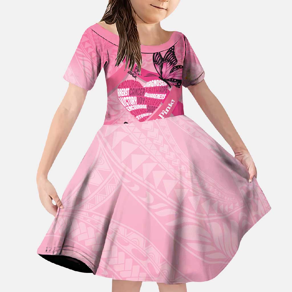 Polynesia Breast Cancer Awareness Month Family Matching Off Shoulder Maxi Dress and Hawaiian Shirt Pink Ribbon Mix Butterflies LT14 Daughter's Dress Pink - Polynesian Pride