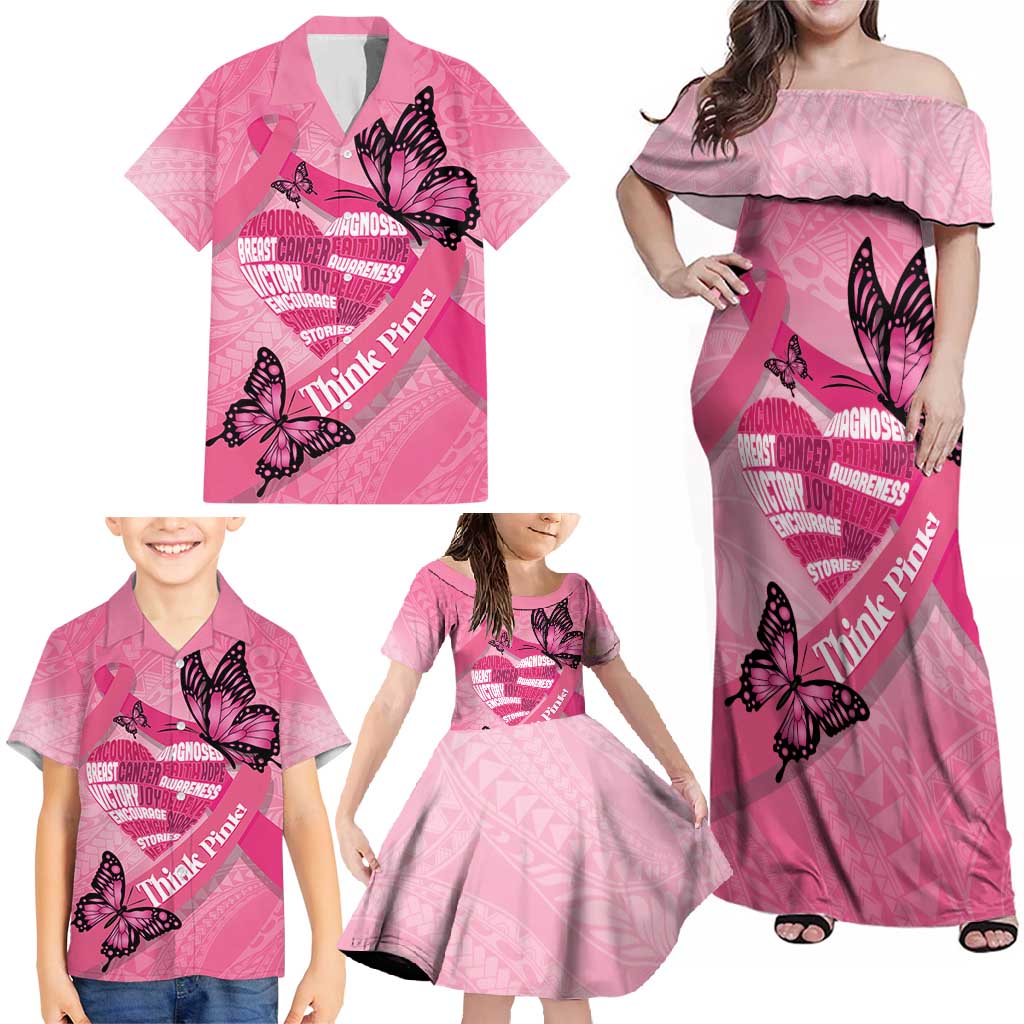 Polynesia Breast Cancer Awareness Month Family Matching Off Shoulder Maxi Dress and Hawaiian Shirt Pink Ribbon Mix Butterflies LT14 - Polynesian Pride