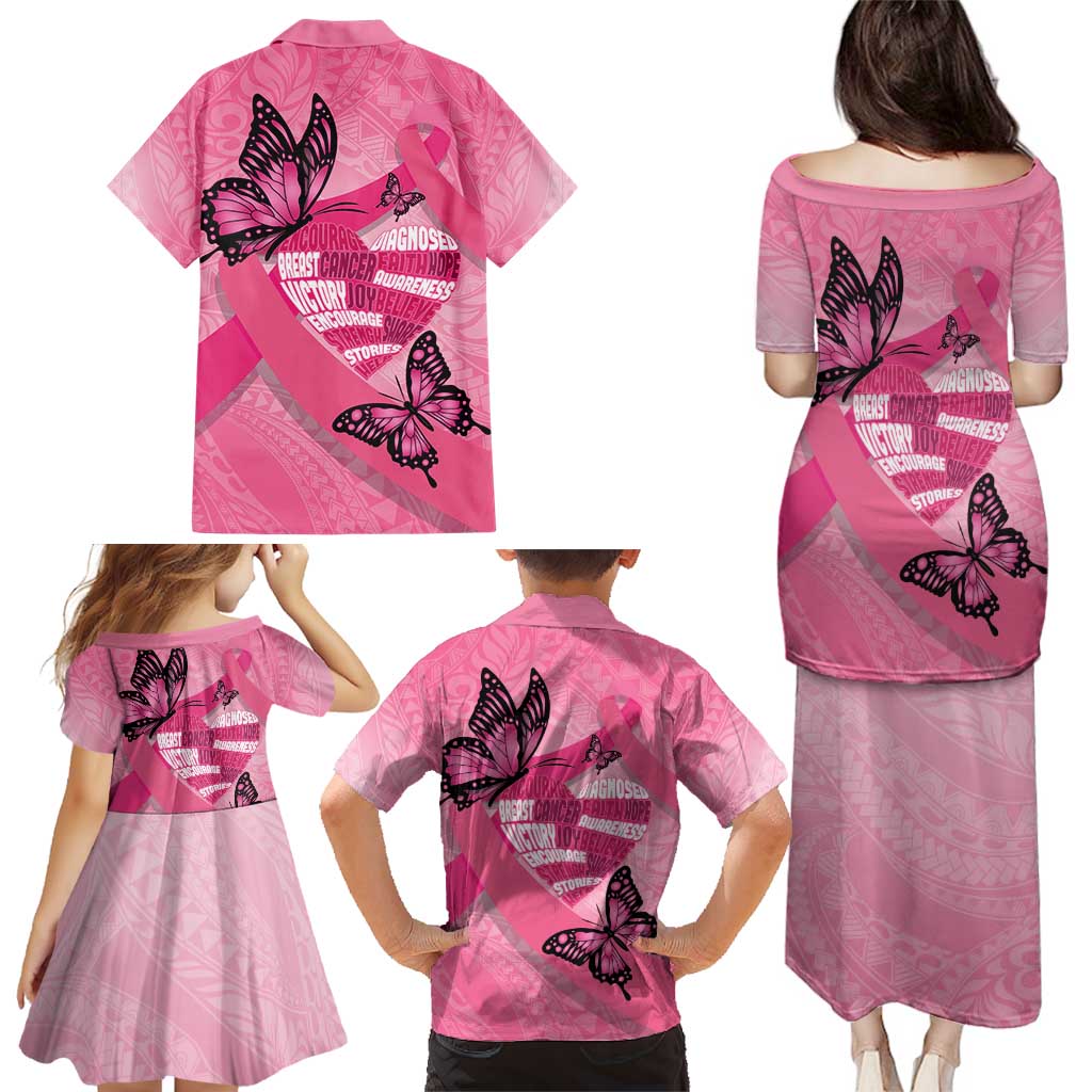 Polynesia Breast Cancer Awareness Month Family Matching Puletasi and Hawaiian Shirt Pink Ribbon Mix Butterflies LT14 - Polynesian Pride
