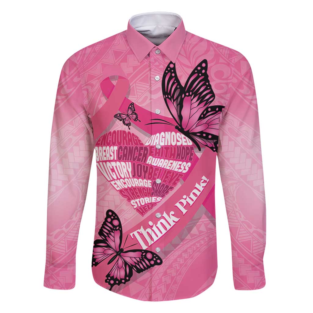 Polynesia Breast Cancer Awareness Month Family Matching Tank Maxi Dress and Hawaiian Shirt Pink Ribbon Mix Butterflies LT14 Dad's Shirt - Long Sleeve Pink - Polynesian Pride