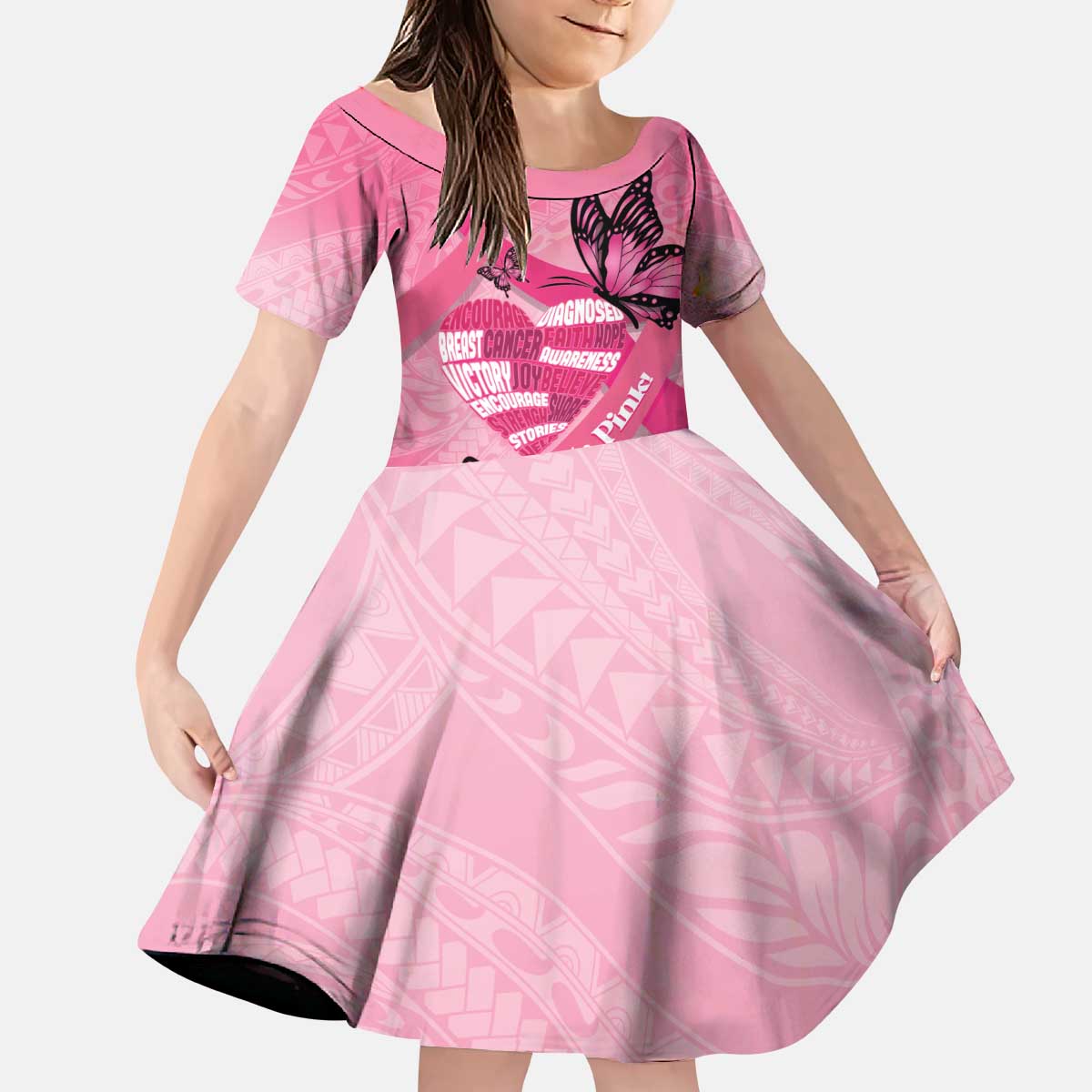 Polynesia Breast Cancer Awareness Month Kid Short Sleeve Dress Pink Ribbon Mix Butterflies LT14 KID Pink - Polynesian Pride