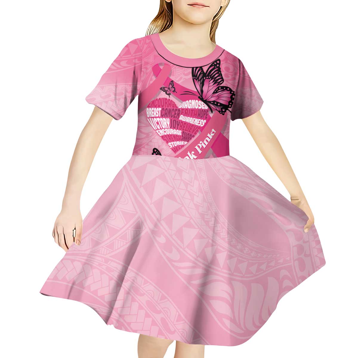 Polynesia Breast Cancer Awareness Month Kid Short Sleeve Dress Pink Ribbon Mix Butterflies LT14 - Polynesian Pride