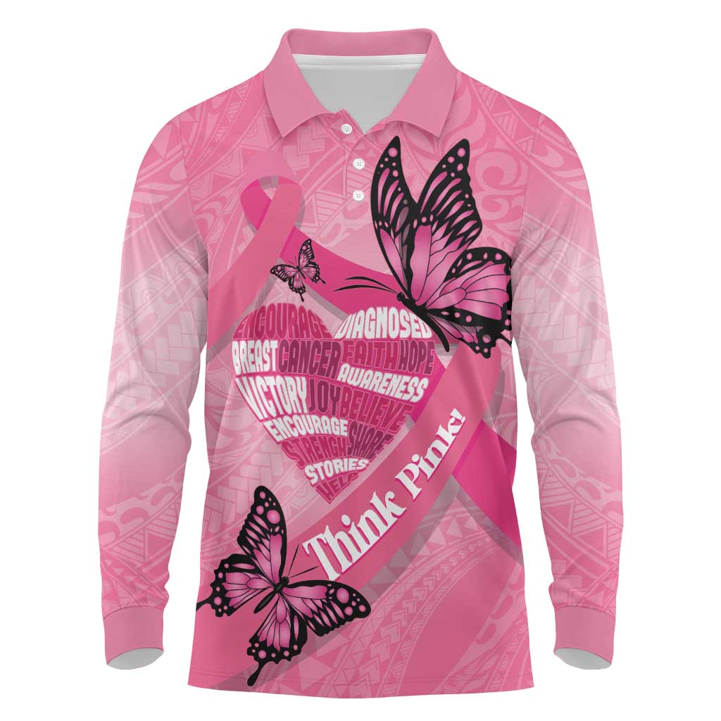 Polynesia Breast Cancer Awareness Month Long Sleeve Polo Shirt Pink Ribbon Mix Butterflies LT14 Pink - Polynesian Pride