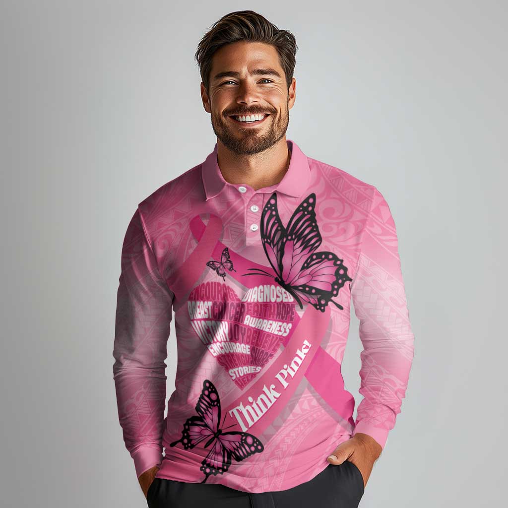 Polynesia Breast Cancer Awareness Month Long Sleeve Polo Shirt Pink Ribbon Mix Butterflies LT14 - Polynesian Pride