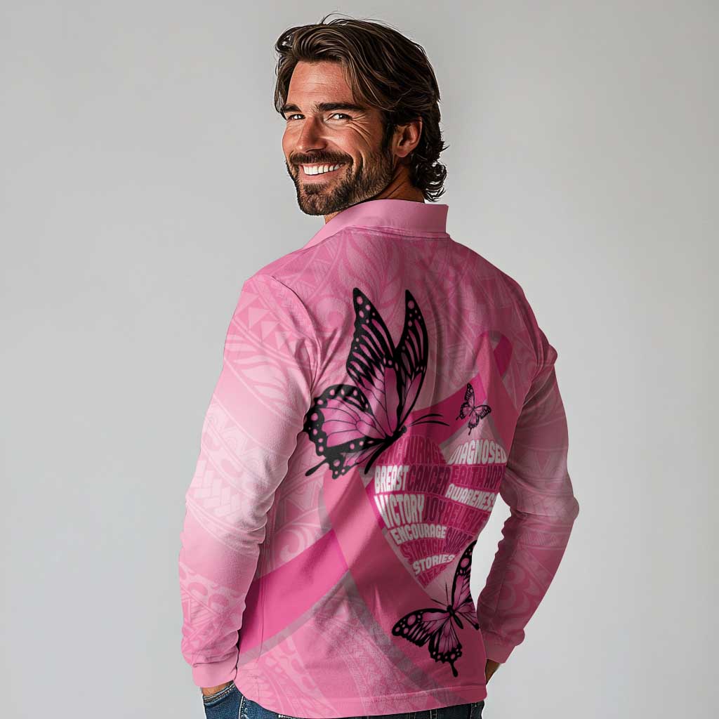 Polynesia Breast Cancer Awareness Month Long Sleeve Polo Shirt Pink Ribbon Mix Butterflies LT14 - Polynesian Pride