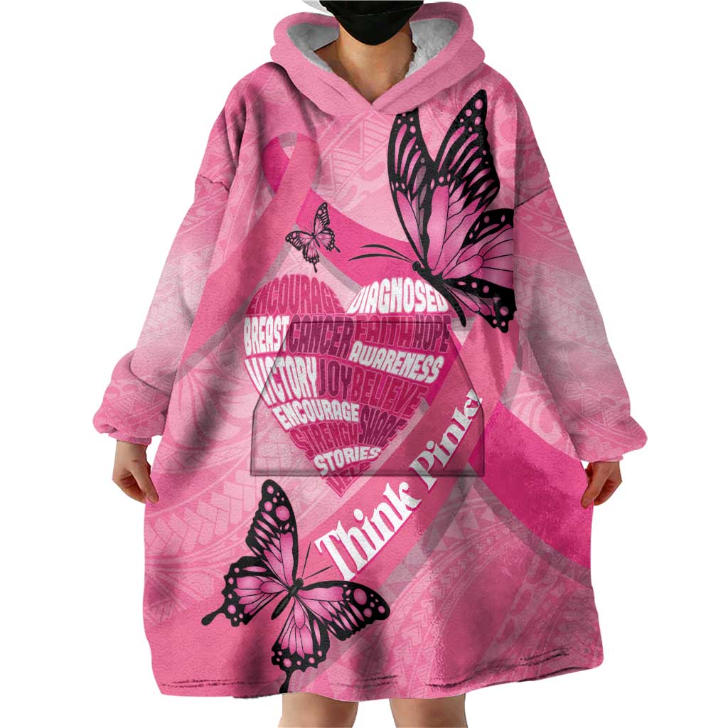 Polynesia Breast Cancer Awareness Month Wearable Blanket Hoodie Pink Ribbon Mix Butterflies LT14 - Polynesian Pride