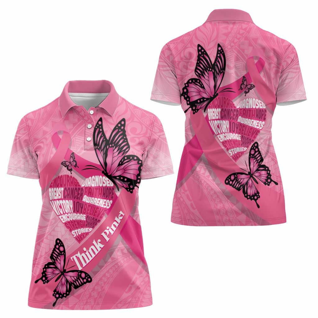 Polynesia Breast Cancer Awareness Month Women Polo Shirt Pink Ribbon Mix Butterflies LT14 - Polynesian Pride