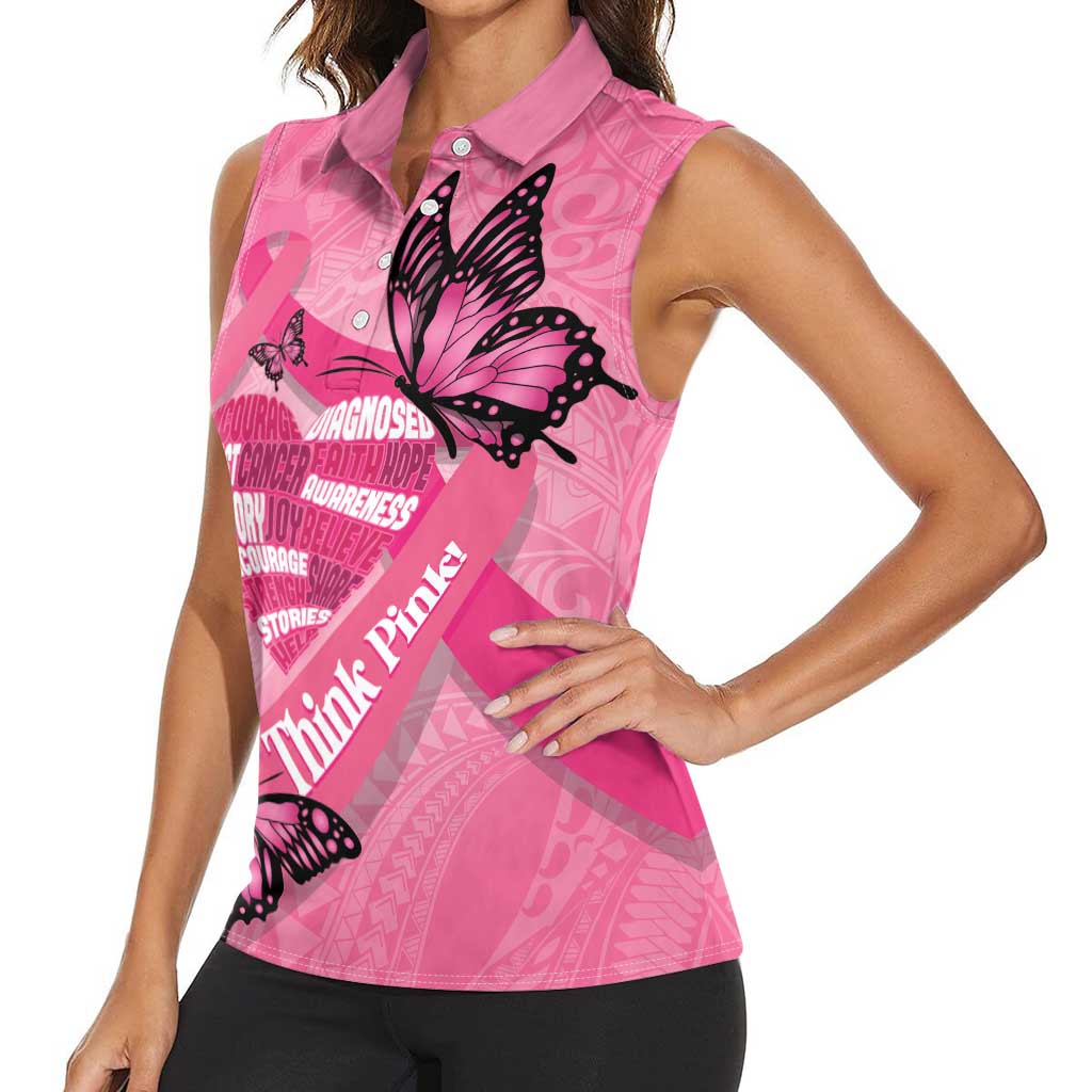 Polynesia Breast Cancer Awareness Month Women Sleeveless Polo Shirt Pink Ribbon Mix Butterflies LT14 - Polynesian Pride