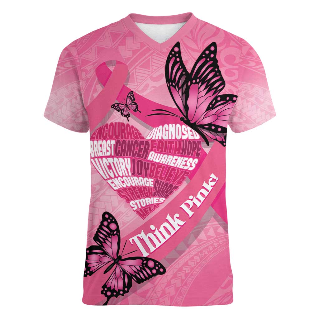 Polynesia Breast Cancer Awareness Month Women V-Neck T-Shirt Pink Ribbon Mix Butterflies LT14 Female Pink - Polynesian Pride