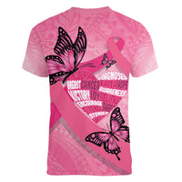 Polynesia Breast Cancer Awareness Month Women V-Neck T-Shirt Pink Ribbon Mix Butterflies LT14 - Polynesian Pride