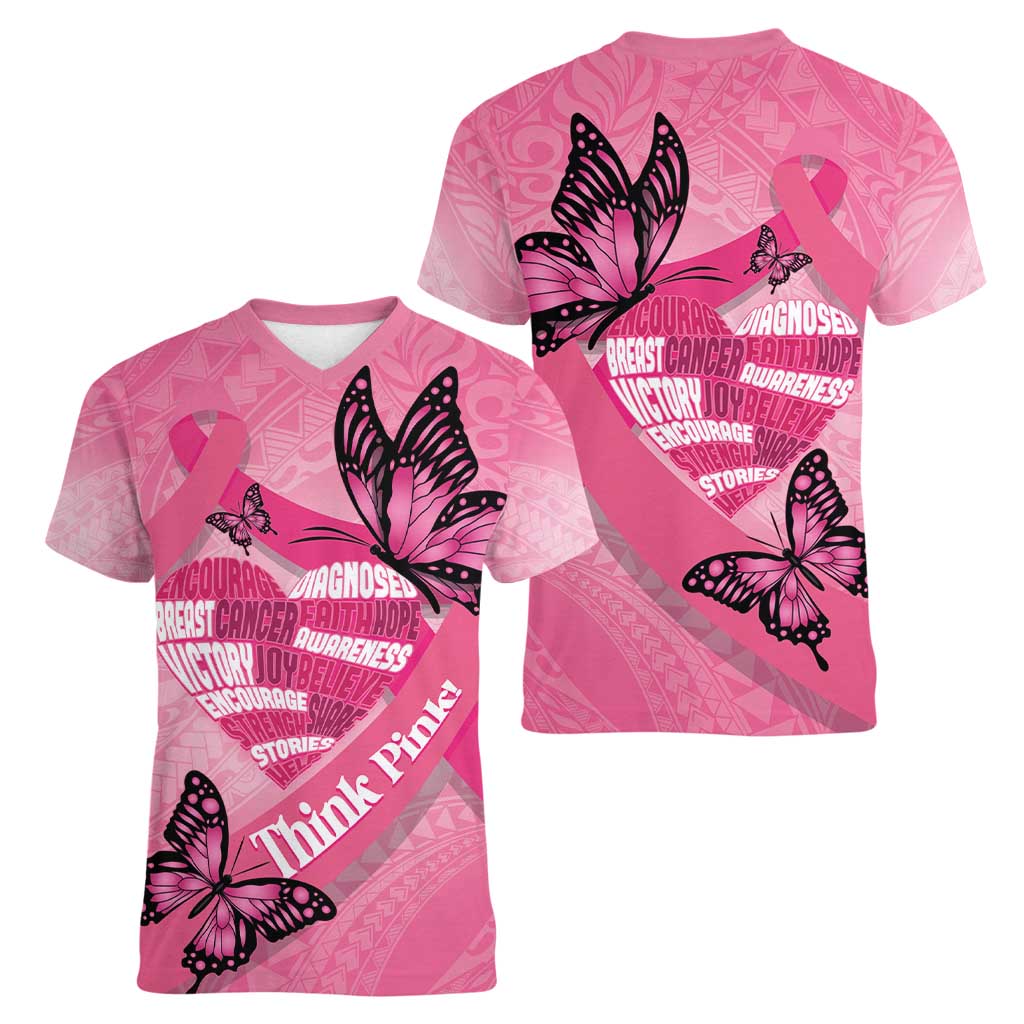 Polynesia Breast Cancer Awareness Month Women V-Neck T-Shirt Pink Ribbon Mix Butterflies LT14 - Polynesian Pride