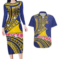 Personalised Tokelau Tokehega Day Couples Matching Long Sleeve Bodycon Dress and Hawaiian Shirt Tokelauan Tatau Flag Color LT14 Blue - Polynesian Pride