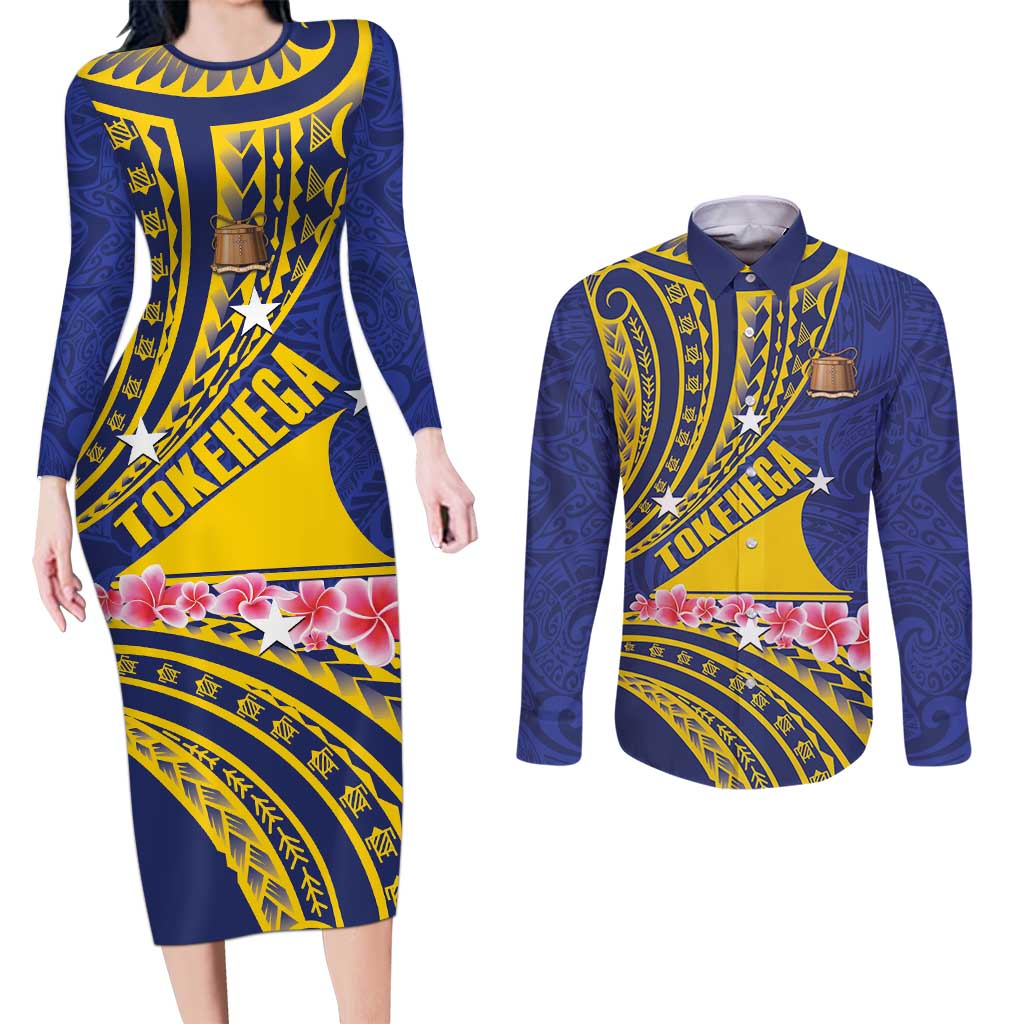 Personalised Tokelau Tokehega Day Couples Matching Long Sleeve Bodycon Dress and Long Sleeve Button Shirt Tokelauan Tatau Flag Color LT14 Blue - Polynesian Pride