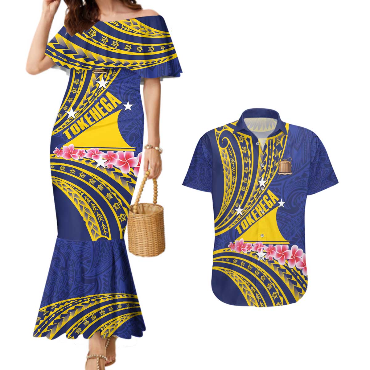 Personalised Tokelau Tokehega Day Couples Matching Mermaid Dress and Hawaiian Shirt Tokelauan Tatau Flag Color - Polynesian Pride