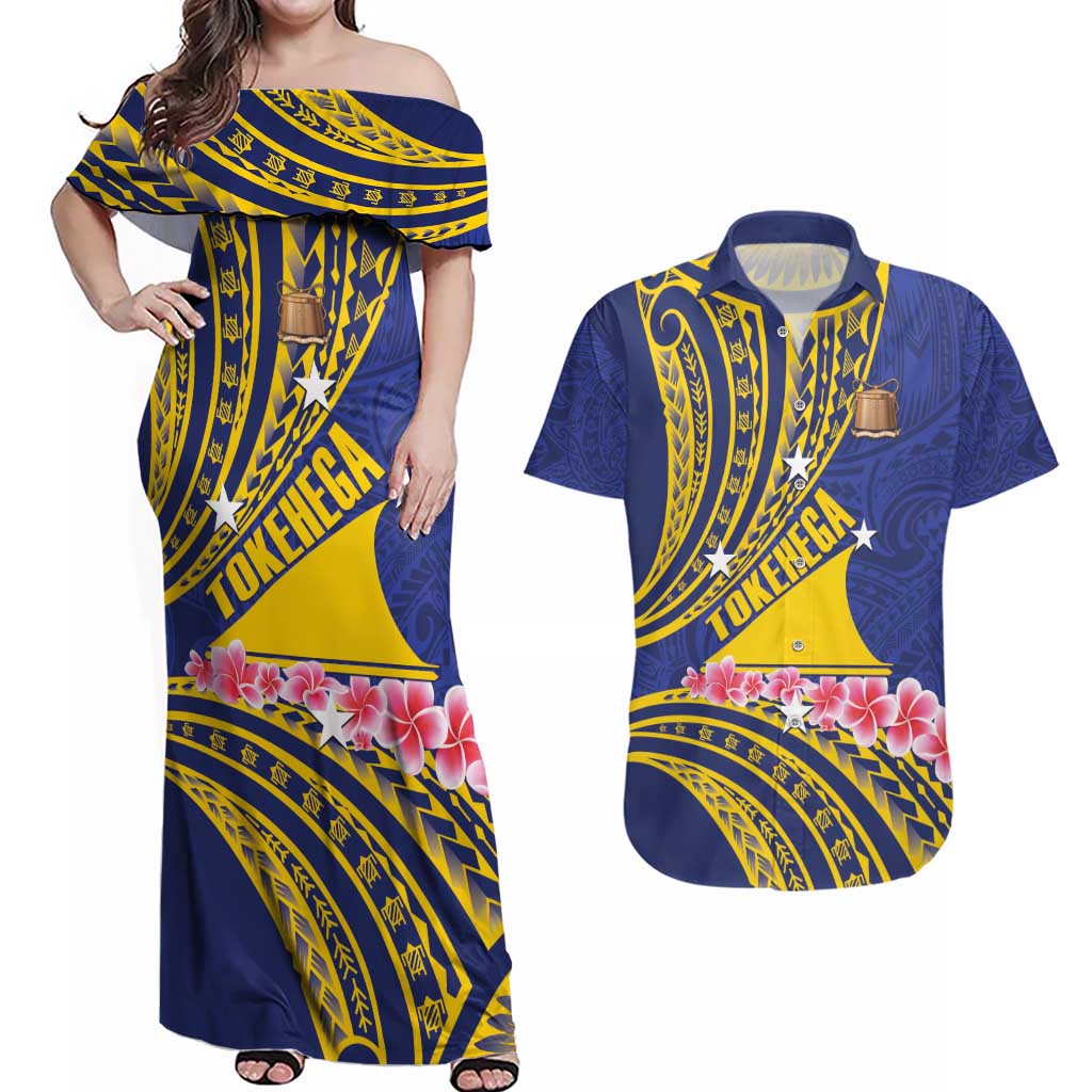 Personalised Tokelau Tokehega Day Couples Matching Off Shoulder Maxi Dress and Hawaiian Shirt Tokelauan Tatau Flag Color LT14 Blue - Polynesian Pride