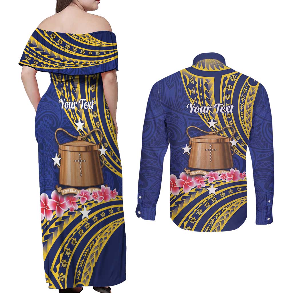 Personalised Tokelau Tokehega Day Couples Matching Off Shoulder Maxi Dress and Long Sleeve Button Shirt Tokelauan Tatau Flag Color LT14 - Polynesian Pride